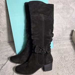 Array‎ Tall Suede Leather Boots Black Slouchy Bow Detail Womens 11 WIDE NEW